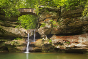 Waterfall and bridge in Hocking Hills State Park, Ohio, USA